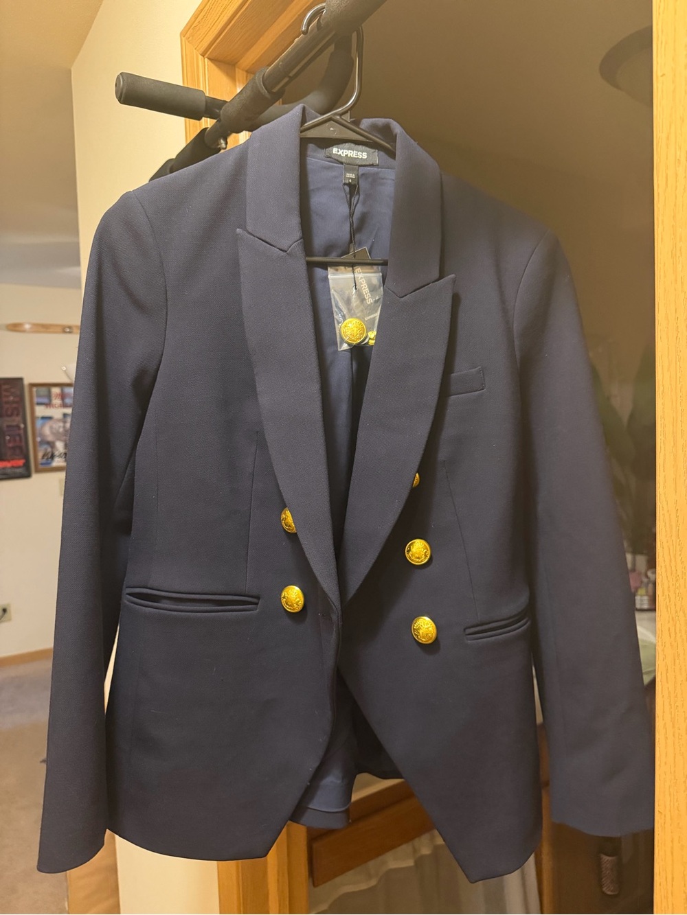 Express Women’s Navy Double-Breasted Blazer with Gold Buttons